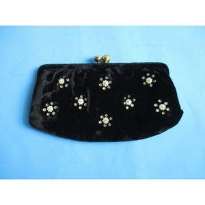 *Vintage Black Velvet Bead and Rhinestone Cloth Divided Clutch Evening Bag